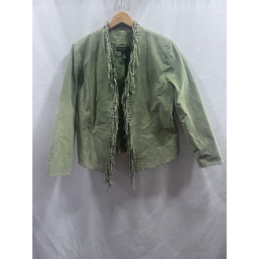 Dialogue Womens Sage Green Leather Fringe Jacket Open Front Suede Boho Large